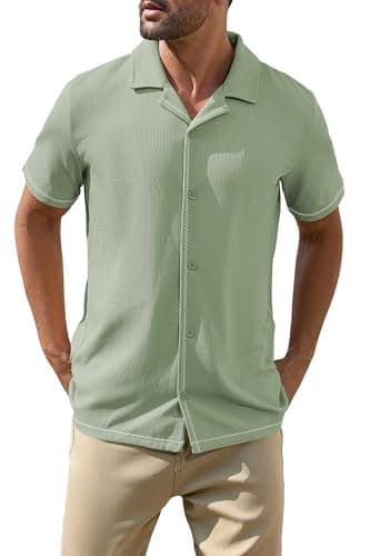 Cakulo Mens Casual Short Sleeve Button Down Shirts Summer Beach Vacation V Neck Collared Shirt Green M - Image 1