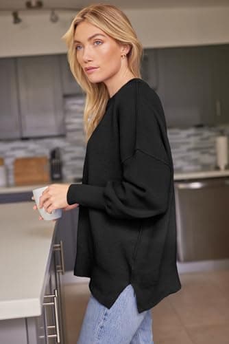 LILLUSORY Women's Oversized Batwing Sweaters 2025 Fall Outfits Trendy Crewneck Knit Side Slit Fashion Pullover Tops Black L - Image 3