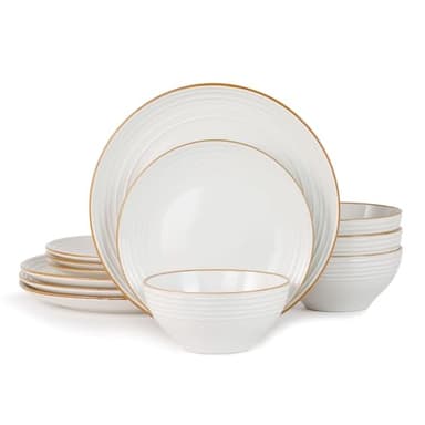 Famiware Jupiter Dinnerware Set, Plates and Bowls Dish Sets for 4 (12 Pieces), Microwave and Dishwasher Safe Stoneware Speckled Tableware, Chip and Scratch Resistant, White - Image 1