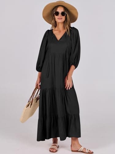 ANRABESS Womens Boho Maxi Dresses 2025 Summer V Neck Puff Sleeve Floral Flowy Swing Fall Casual Long Dress Black Large - Image 7