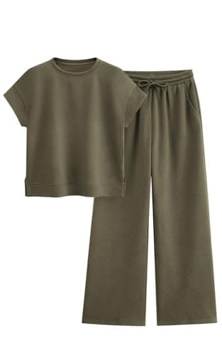 PRETTYGARDEN 2 Piece Outfits For Women Casual Tracksuit Short Sleeve Tops And Wide Leg Long Pants Matching Lounge Sets(Army Green,Large) - Image 1