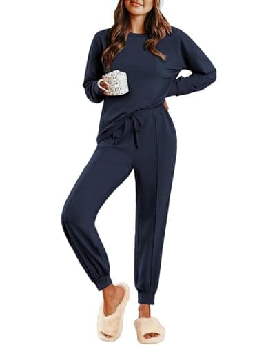 Ekouaer Lounge Sets for Women 2 Piece Jogger Pajama Long Sleeve Pants Loungewear Sweatsuits Casual Matching Outfits Navy Blue S - Image 1