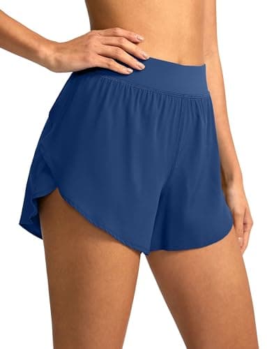 Soothfeel High Waisted Athletic Running Shorts for Women Dolphin Shorts High Split Quick Dry Gym Workout Shorts with Liner (Deep Blue, S) - Image 1