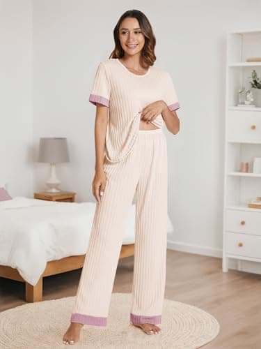 POKWAI 2024 Womens Pajama Sets Short Sleeve Top with Pants Soft Pj Women Pajamas Summer Pajamas for Women(Apricot,Large) - Image 3