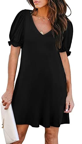 Aloodor Dresses for Women 2025 V Neck Puff Sleeve Cocktail Dress Beach Vacation Clothes Black XL - Image 1