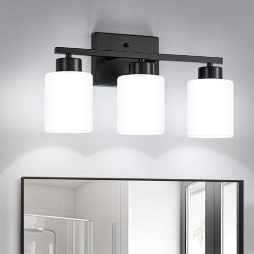 FonmYim Black Bathroom Light Fixtures, 3-Light Modern Vanity Light Over Mirror, Wall Sconces with Milky White Frosted Glass Shades, E26 Socket (Bulbs Not Included) - Image 1