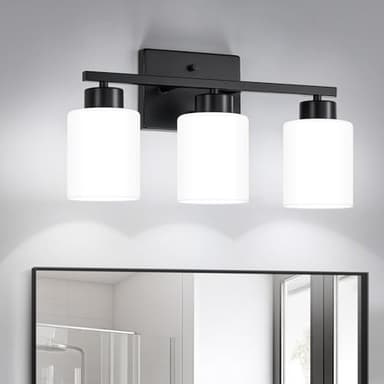 FonmYim Black Bathroom Light Fixtures, 3-Light Modern Vanity Light Over Mirror, Wall Sconces with Milky White Frosted Glass Shades, E26 Socket (Bulbs Not Included) - Image 1