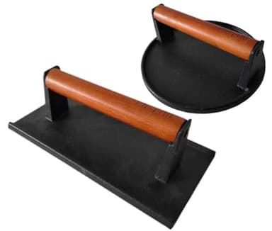 Firsgrill Burger Press 7.08" Round & 8.3”X4.3”Rectangle Heavy-Duty Cast Iron Smash Meat Steak With Wood Handle for Blackstone Camp chef Pitboss Weber Treager Griddle Grills (Round & Rectangle) - Image 1