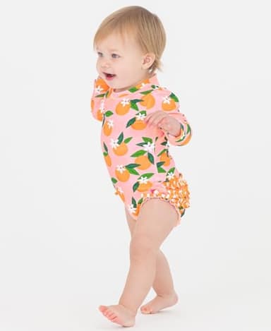 RuffleButts Baby Girls UPF 50+ Sun Protection Novelty Print Long Sleeve One Piece Rash Guard Swimsuit with Zipper - Orange You The Sweetest, 2T - Image 3