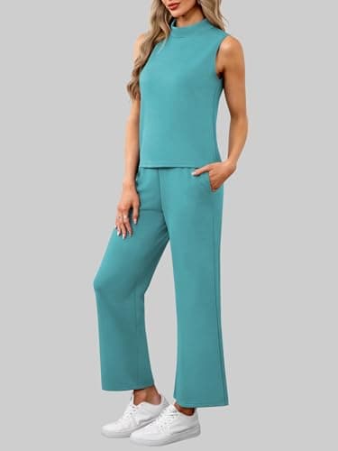 Casly Lamiit Two Piece Outfits for Women Matching Sets Summer Sleeveless Mock Neck Tops Business Casual Sweatsuit Work Clothing Tracksuit Viriaian Green S - Image 3