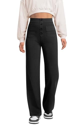 keriffe Women's Straight Leg Pants High Waisted Button Stretchy Business Work Casual Trousers Multiple Pockets Black - Image 1