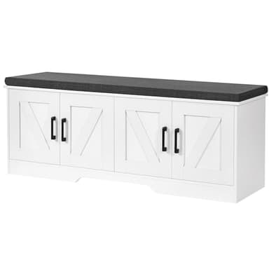 HOMSHO 2-Tier Storage Bench, 47.2" Wide Shoe Bench with Padded Seat Cushion, Entryway Bench with 4 Barn Doors and Adjustable Shelf, White - Image 1