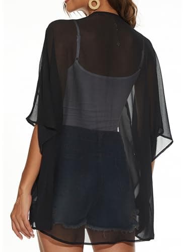 Women Summer Tops Kimono Cardigans Sheer Beach Cover Ups Chiffon Open Front Shirts （Black,L - Image 6