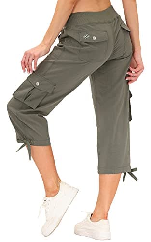 MoFiz Women's Cargo Capris Hiking Pants Lightweight Quick Dry Running Outdoor Casual Shorts Button Pockets UPF 50+ Army Green L - Image 1