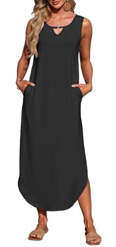 MISFAY Women's Summer Maxi Dress Sleeveless Loose Long Beach Split Dresses with Pockets(Black,L) - Image 2