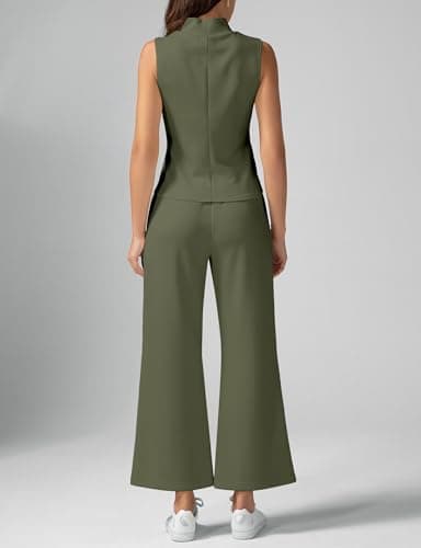 Casly Lamiit Lounge Sets for Women Spring Summer Sleeveless Mock Neck Top Cropped Pants Mathcing Set Airport Outfits Tracksuit 2025 Athleisure Clothes Sweat Suit Army Green Petite XS - Image 4