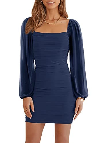 Wenrine Women's Mesh Long Sleeve Square Neck Ruched Party Club Cocktail Bodycon Mini Dress Navy Blue - Image 1