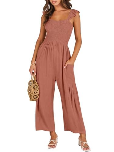 ANRABESS Women Summer Casual Dressy Sleeveless Smocked Wide Leg Linen Jumpsuits Rompers 2025 Trendy Travel Outfit Pocket Rust Medium - Image 1