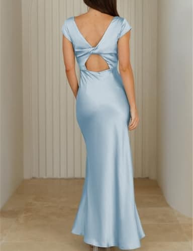 Halfisland Womens Summer Satin V Neck Cap Sleeve Backless Maxi Dress Elegant Twist Cut Out Midi Dresses Wedding Guest Blue - Image 2