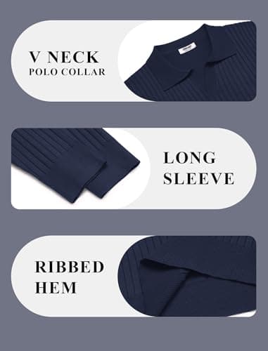 COOFANDY Men Knit Polos Long Sleeve Polo Sweaters Casual Dress Light Pullover Sweaters Golf Sweater Polo Navy Blue - Image 5