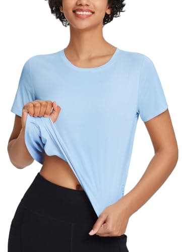 baleaf Women's Workout Tops Athletic Shirts Cropped Short Sleeve Split Back Running Gym Quick Dry Sun Protection UPF 50+ Light Blue M - Image 2