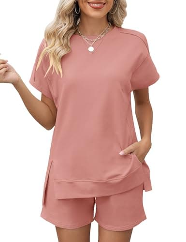 LOMON Women's Loungewear Sets Fashion Comfy 2 Piece Outfits Shorts Sets Short Sleeve Summer Sweatsuits(Pink,L) - Image 1