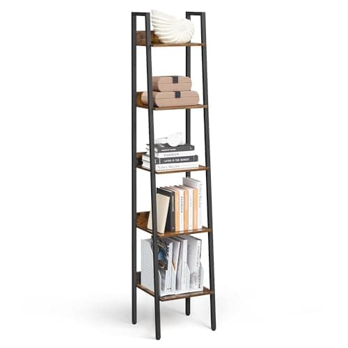 VASAGLE Bookshelf, 5-Tier Narrow Book Shelf, 11.8 x 13.3 x 66.9 Inches, Ladder Shelf for Home Office, Living Room, Bedroom, Kitchen, Rustic Brown and Ink Black ULLS109B01 - Image 1