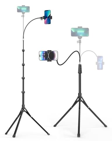 Aureday Phone Tripod, 92" Cell Phone Stand with 15" Gooseneck, Remote and Phone Holder, Overhead & Selfie Stick for Recording/Watching/Vlog, Compatible with iPhone Android - Image 1