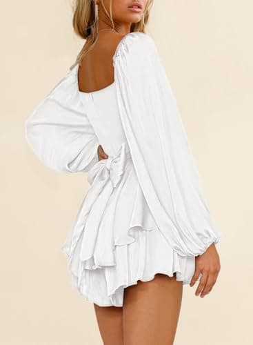 Fixmatti Women Long Sleeve White Jumpsuit Shorts Boat Neck off Shoulder Belted Rompers White XL - Image 5