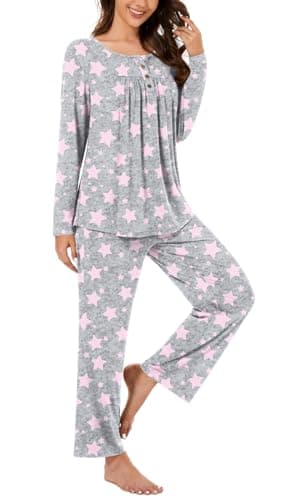 Bestbee Womens Pajama Set Plus Size, 2 Piece Lounge Outfits Pleated Sleepwear Sets Long Sleeve With Pockets Ladies Pjs, XL, Star Grey - Image 2