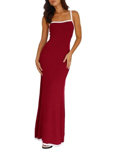 IYICLOTH Women's Spaghetti Straps Maxi Dress Sleeveless Square Neck Sexy Bodycon Ribbed Party Cocktail Long Dresses Wine - Image 1