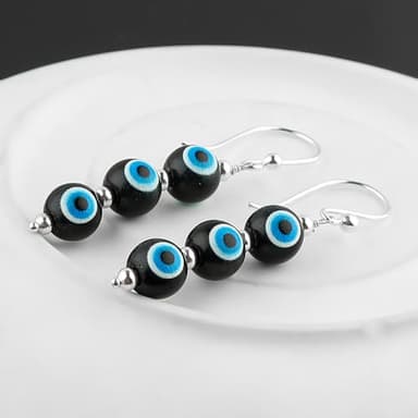 CRYSTALINES Black Evil Eye Crystal Earrings, Triple Ball Beads, Beaded Dangling Earrings, Handmade, Healing Crystals, Silver Plated, Gemstone Jewelry, Protection,Gifts for Women - Image 2