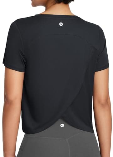 baleaf Women's Workout Tops Athletic Shirts Cropped Short Sleeve Split Back Running Gym Quick Dry Sun Protection UPF 50+ Black L - Image 1