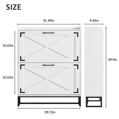 Maupvit Shoe Storage Cabinet with 2 Flip Drawers, Freestanding Organizer with Metal Legs for Entryway, Narrow Shoe Rack Cabinet, Black White - Image 2