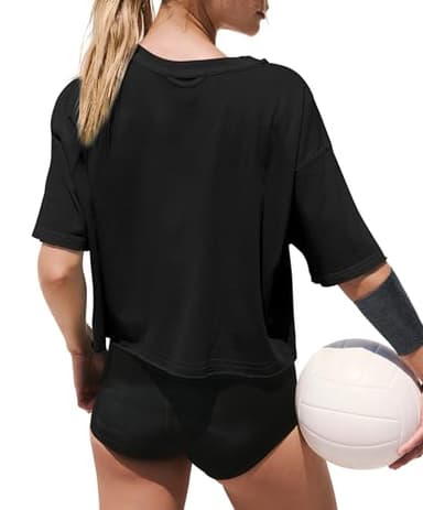 Summer Tops for Women Short Sleeve Round Neck Cotton Shirts Basic Workout Sports Crop Tops Black L - Image 3