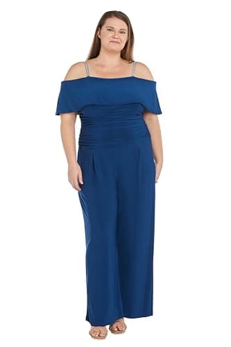 R&M Richards Elegant Off-the-Shoulder Ruched Bodice Jumpsuit W/Rhinestone Straps & Wide Legs - Image 4