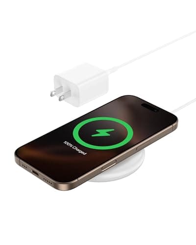 Belkin Magnetic Wireless Charging Pad 15W - MagSafe-Compatible Qi2-Certified Wireless Charger for iPhone 16 Series, Samsung Galaxy S25, AirPods, & More w/Non-Slip Base, Power Supply Included - White - Image 1