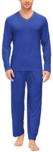 JINSHI Mens Pajamas Set Long Sleeve V Neck 2 Piece Sleepwear Pants with Pockets Lightweight Quick Dry Soft Good Elasticity-Deep blue L - Image 1