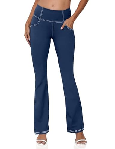 CHANLEED Women's Bootcut Yoga Pants, Flare Leggings with Pockets High Waist Causal Dress Pants Petite/Regular/Tall（Petite Navy Blue-M） - Image 2