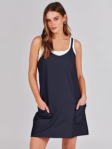 Caracilia Womens Summer Mini Dress 2025 Casual Sleeveless Built in Shapewear Sundress Trendy Short Tennis Athletic Outfits Navy Large - Image 2