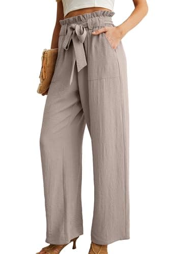 IWOLLENCE Women's Wide Leg Pants with Pockets High Waist Adjustable Knot Loose Casual Trousers Business Work Casual Pants Light Khaki XX-Large - Image 2