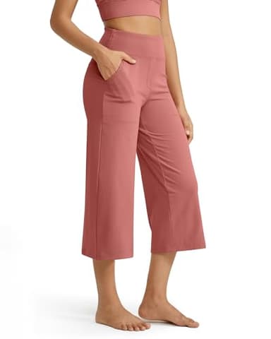 G4Free Yoga Pants Women Wide Leg Capris with Pockets Stretch Comfy Dress Pants Workout Cropped Culotte Pants for Lounge Travel(Cameo,L,21") - Image 5