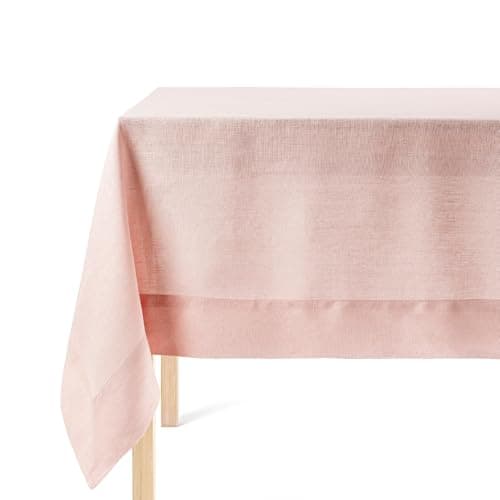 over&back 100%-Linen Woven Tablecloth - Colorful Dining Room Table Cover - Mitered Corner Hems - Machine Washable - Kitchen and Home Decor - Pink - 70x108 - Image 1