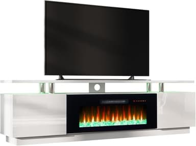 AMERLIFE Fireplace TV Stand with 40" Fireplace, 80" Modern High Gloss Fireplace Entertainment Center LED Lights, 2 Tier TV Console Cabinet for TVs Up to 90", Ivory White - Image 9