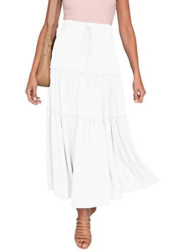 HAEOF Women's Summer Flowy Boho Maxi Skirt A Line Pleated Tiered Long Skirts with Pockets Fashion Beach Vacation Outfits (White, S) - Image 1