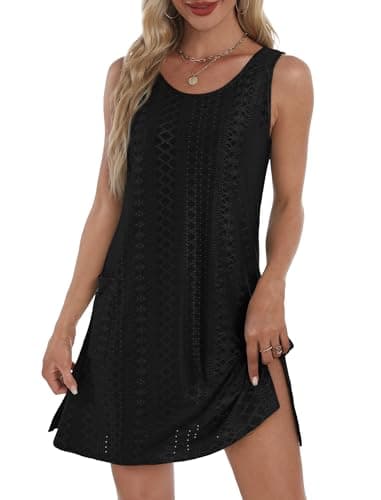 Summer Dresses for Women Dressy Casual Swimsuit Coverup 2025 Loose Flowy Tank Dress Sundresses with Pockets Eyelet Black M - Image 2