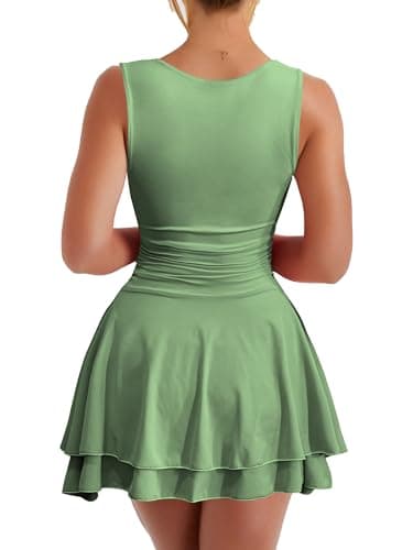 Kaximil Women's Square Neck Ruffle Hem Mini Dress Ruched Waist Short Party Dresses, Medium, Pea Green - Image 2