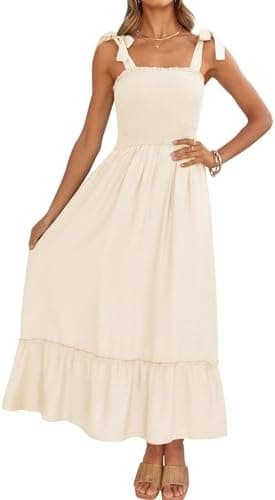 ZESICA Women's 2025 Summer Boho Spaghetti Strap Square Neck Solid Color Ruffle A Line Beach Long Maxi Dress - Image 3