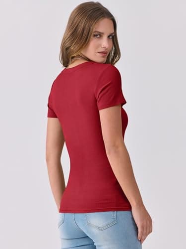 ANRABESS Women Short Sleeve V Neck Ribbed Knit Fitted Shirts Basic Tees Tops 2025 Summer Casual T-Shirts Going Out Outfits Red Large - Image 4