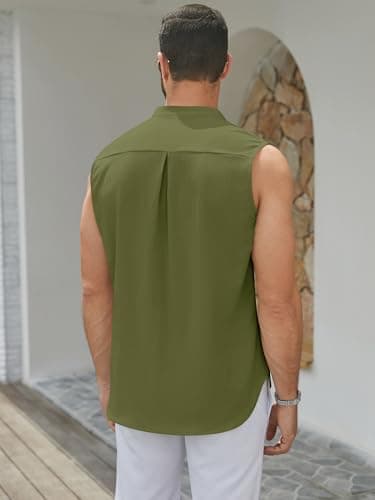 hawalili Men's Button Down Sleeveless Shirts Summer Beach Tank Tops Casual Textured Tank T-Shirt Army Green - Image 4